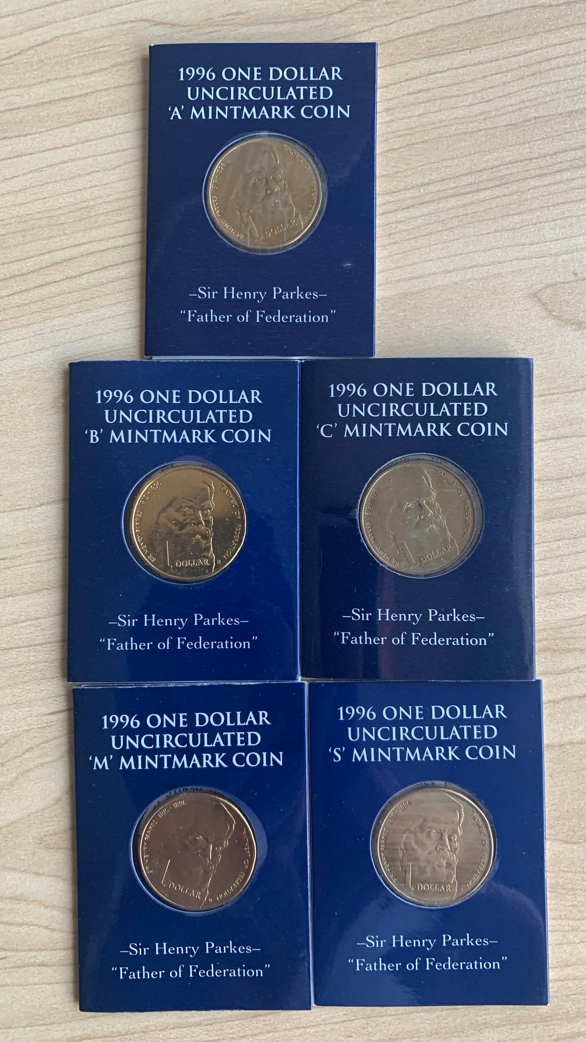 Australia 1996 Royal Australian Mint $1 Sir Henry Parks Uncirculated Coins A, B, C, M, & S mintmarks in 5 RAM folders