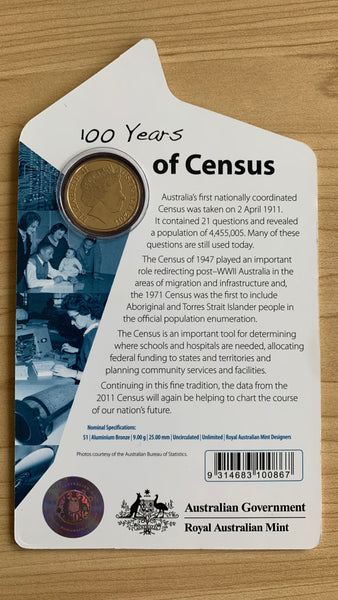 Australia 2011 Royal Australian Mint $1 100 Years of Australian Census  Uncirculated Coin