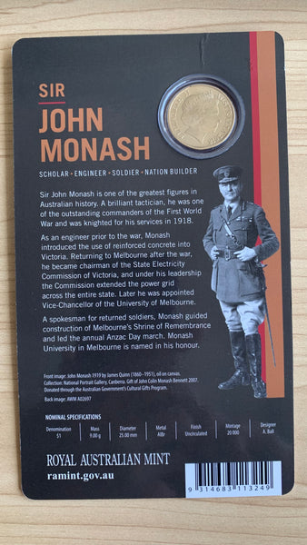 Australia 2018 Royal Australian Mint $1 Australian Sir John Monash Uncirculated Coin