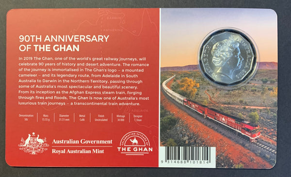 Australia 2019 RAM 50c Fifty Cents 90th Anniversary of The Ghan Train coloured Coin on card