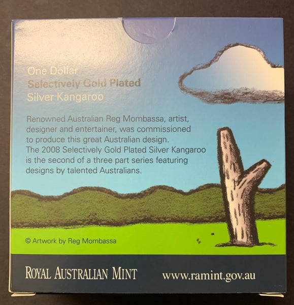 Australia 2008 Royal Australian Mint $1 Kangaroo Reg Mombassa design Gold Plated Ounce Silver Proof