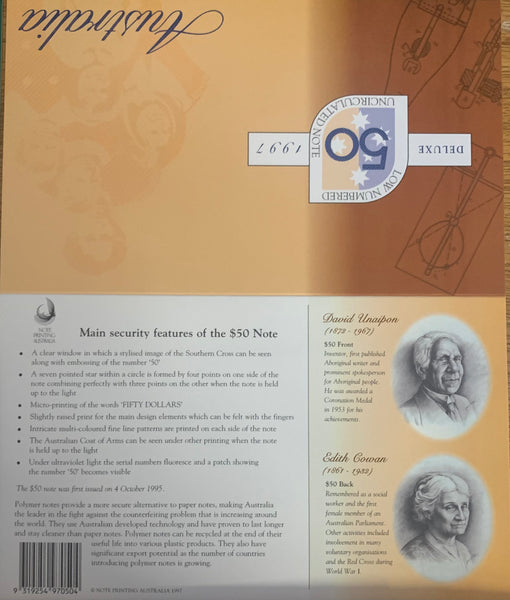 1997 $5,$10,$20,$50 & $100 Australian Banknote Folder Matching Serial Numbers AA97001302