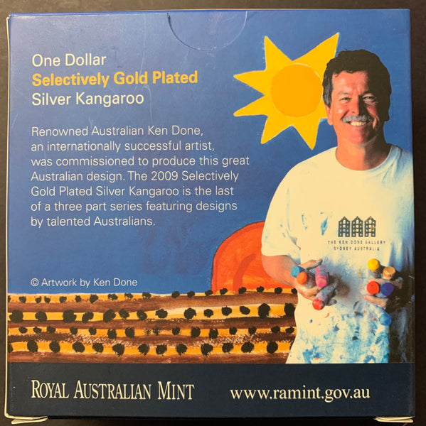 Australia 2009 Royal Australian Mint $1 Kangaroo Ken Done design Gold Plated Ounce Silver Proof