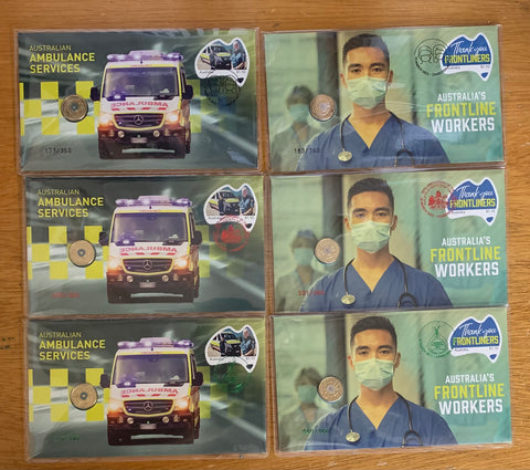 2022 Colored $2 3 x Ambulance & 3 x Front Line Workers Canberra Stamp Show Limited Edition PNC Set or 6