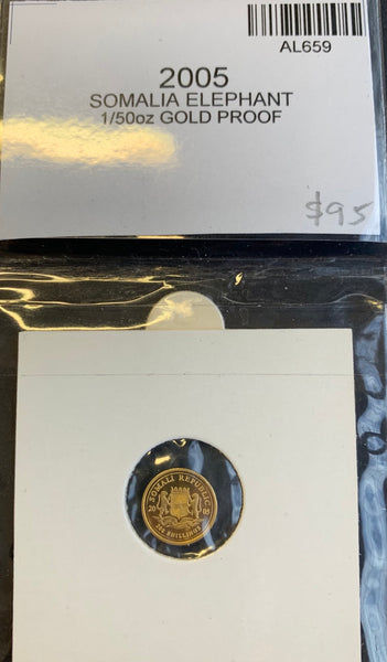 Somalia 2005 Elephant 1/50th oz Gold Proof Coin.