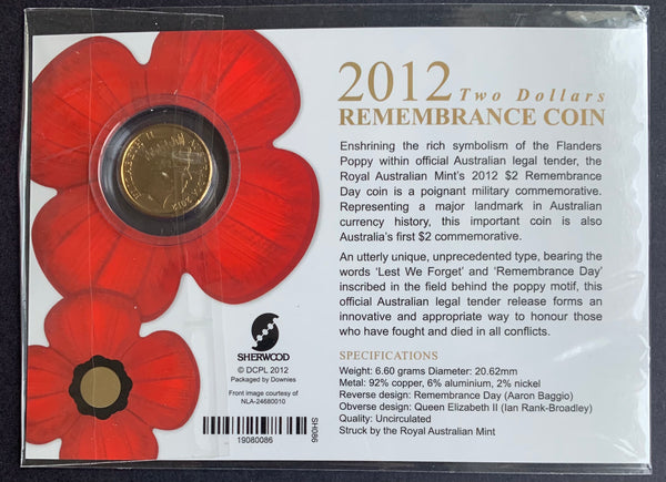2012 $2 Remembrance Day Poppy Uncirculated Carded Coin No Mintmark