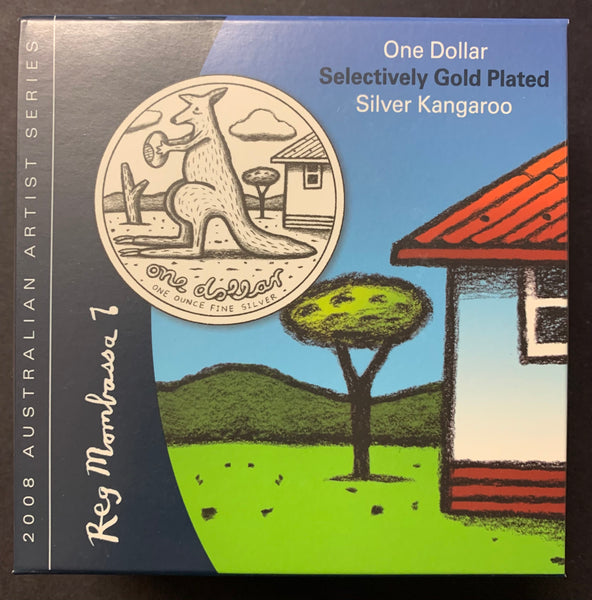 Australia 2008 Royal Australian Mint $1 Kangaroo Reg Mombassa design Gold Plated Ounce Silver Proof