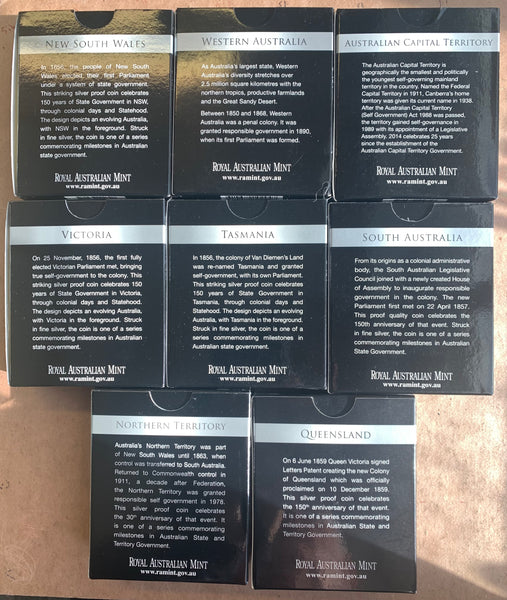 Australia 2006 - 2015 Royal Australian Mint Set of 8 $5 150 Years of State Government  Silver Proof Coin