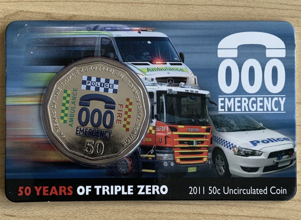 Australia 2011 coloured 50c Fifty Cents Triple Zero Emergency carded Uncirculated Coin