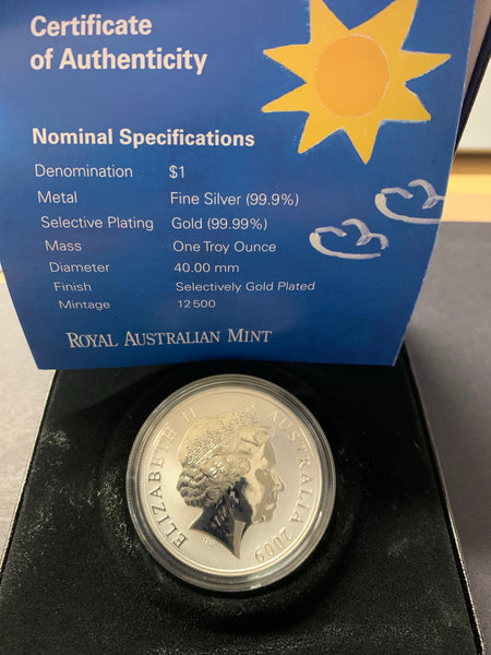 Australia 2009 Royal Australian Mint $1 Kangaroo Ken Done design Gold Plated Ounce Silver Proof