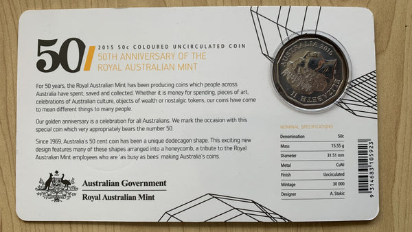 Australia 2015 Royal Australian Mint Fifty Cents 50c 50th Anniversary of RAM coloured 50 Cent Carded Uncirculated Coin