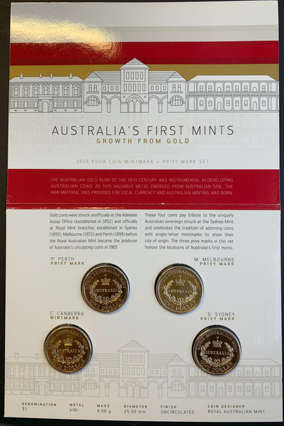 Australia 2016 Royal Australian Mint $1 Australia's First Mints Dollar Coin Uncirculated Privy Mark Set Of 4