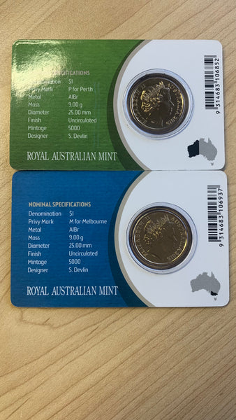 Australia 2015 Royal Australian Mint $1 Mob of Roos Uncirculated Privy Mark Melbourne and Perth Coins