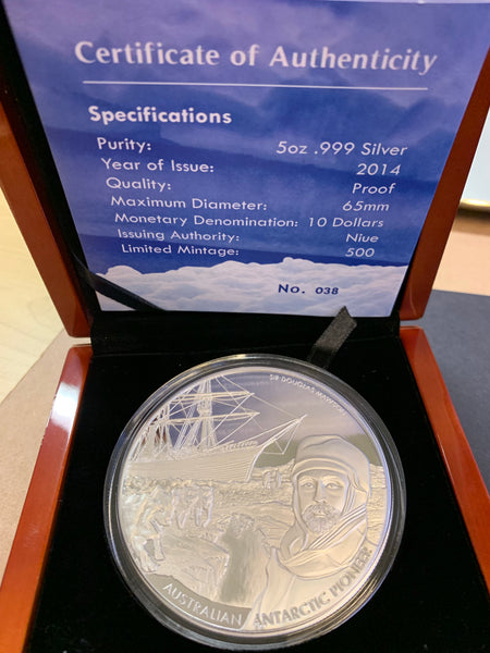 2014  Australian Antarctic Exhibition 5oz .999 Silver Proof Coin Box Cert