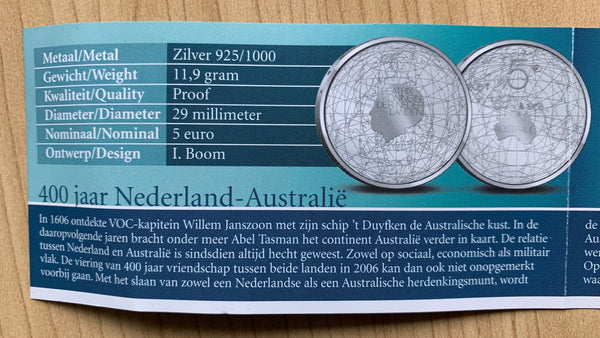 Australia 2006 Royal Australian Mint $5 Voyage of Discovery Duyfken Silver proof & Netherlands 5 Euro Joint issue