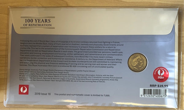 Australia 2019 100 Years of Repatriation PNC with coloured $2 coin