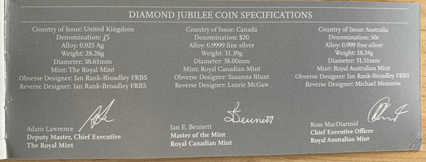 Australia Canada & Great Britain 2012 UK Diamond Jubilee Silver 3 coins Proof Coin