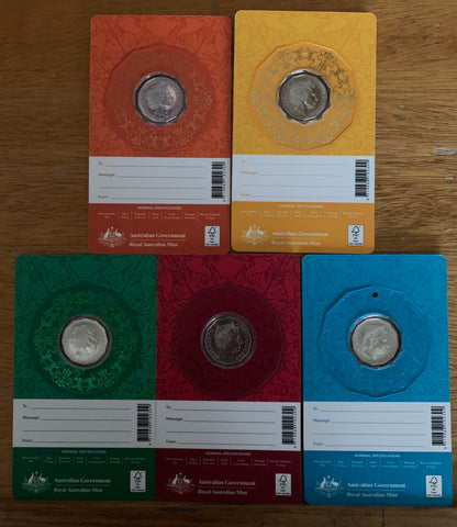 2019 Australia 50c Fifty Cents set of 5 Merry Christmas carded Uncirculated Coins.