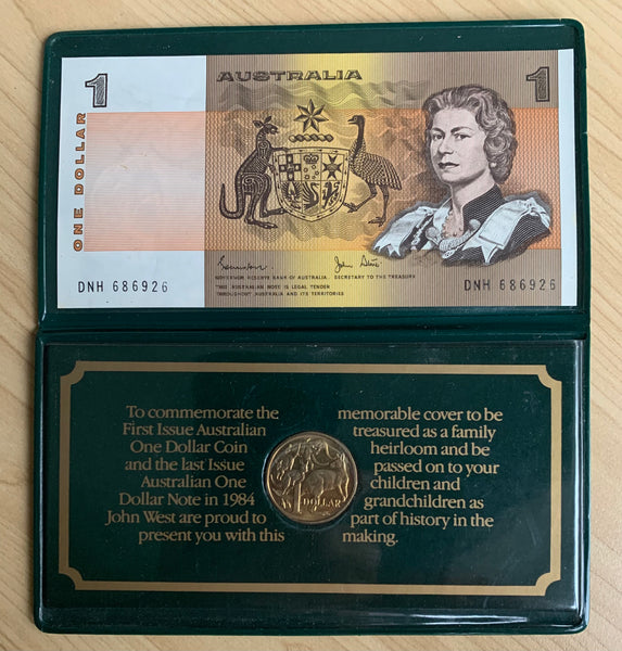 Australia 1984 Last $1 Note & First $1 Coin John West Folder