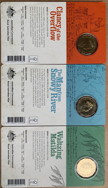 Australia 2020 Fifty Cents 50c Banjo Patterson set of 3 carded Uncirculated Coins. No Box.