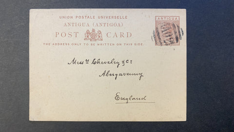 Antigua Penny Halfpenny Brown Queen Victoria Post Card Barred Numeral cancel to England