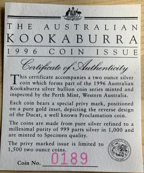 Australia 1996 Perth Mint  $2  Kookaburra Ducat Privy Mark 2oz .999 Silver Coin