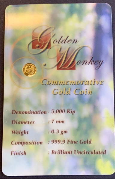 Laos 2004 5,000 Kip Golden Monkey Gold Coin.