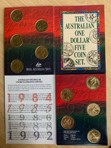 Australia 1984 to 1992 $1 Uncirculated Coins type Set of 5 coins