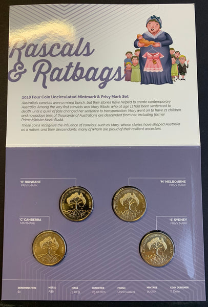 2018 RASCALS & RATBAGS DOLLAR Four $1 Coin Uncirculated Privy Mark Set