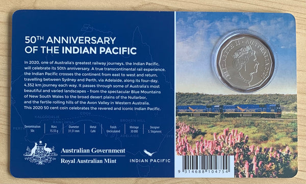 Australia 2020 Royal Australian Mint Indian Pacific Fifty Cents 50c carded Uncirculated Coin.