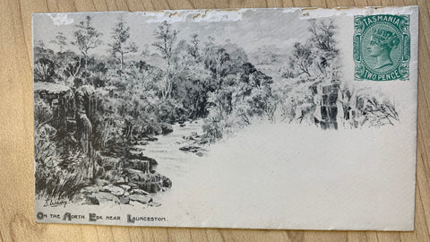 Tasmania 1898 2d envelope with view "On the Esk near Launceston"