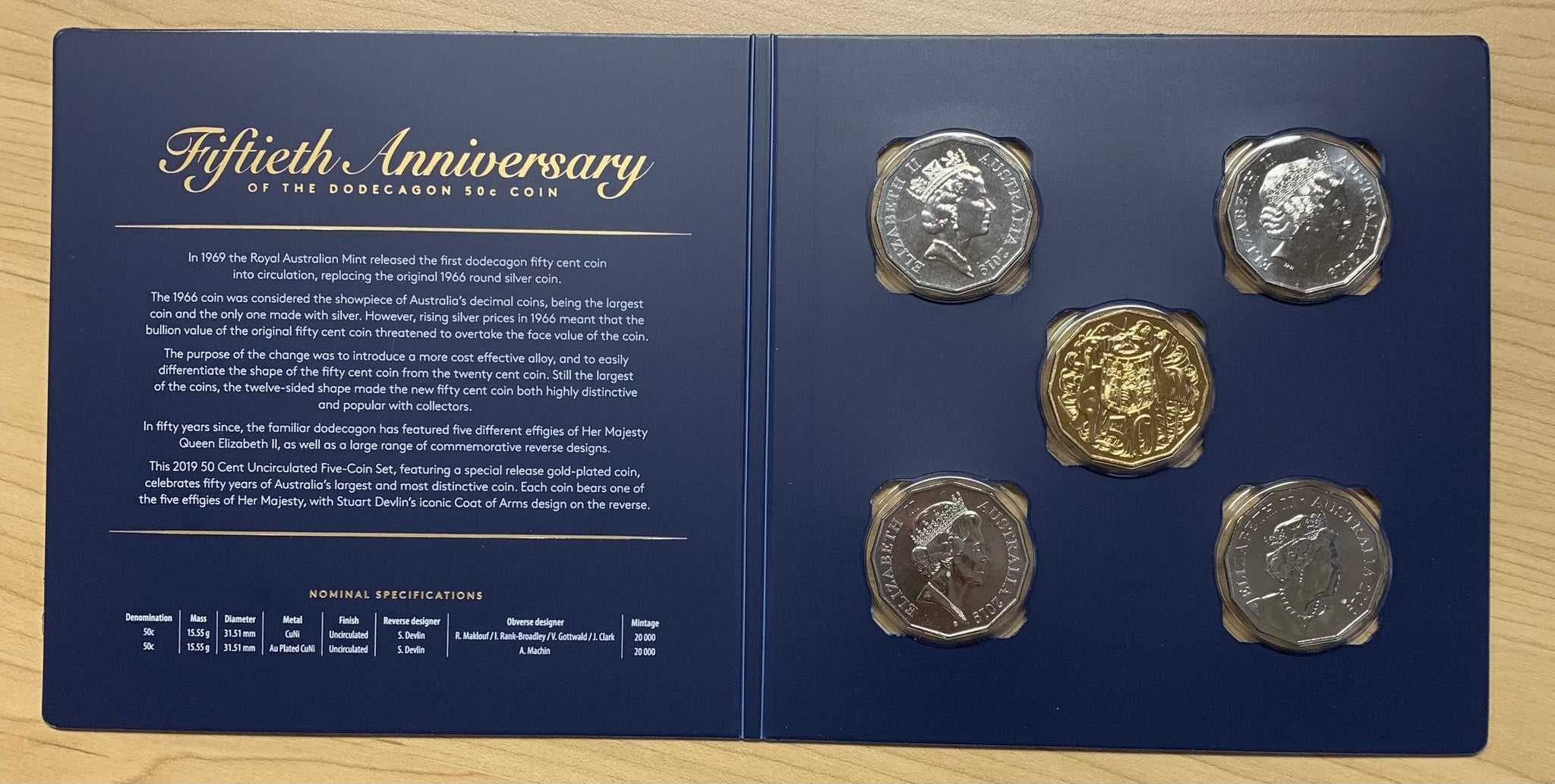 Australia 2019 Royal Australian Mint 50c Fifty Cents Anniversary of Dodecagon carded Uncirculated 5 Coin Set