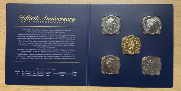 Australia 2019 Royal Australian Mint 50c Fifty Cents Anniversary of Dodecagon carded Uncirculated 5 Coin Set
