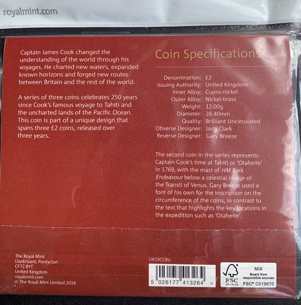 2019 Great Britain UK Captain Cook 2 Pounds Uncirculated Coin