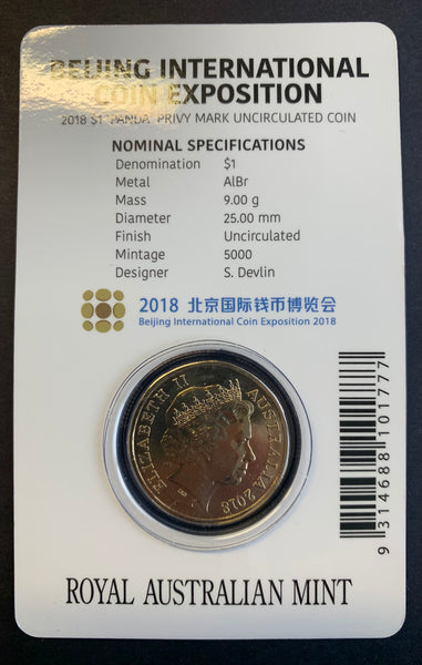 Australia 2018 Royal Australian Mint $1 Beijing Privy Mark Coin Exhibition carded Uncirculated Coin