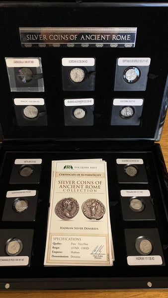 Roman Set of 12 Silver Denarius Coins in Display Box with Certificates