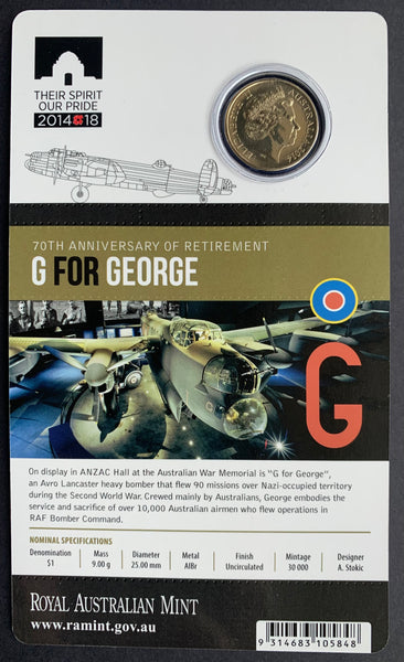 Australia 2014 Royal Australian Mint $1 70th anniversary of the retirement G For George Bomber carded Uncirculated Coin