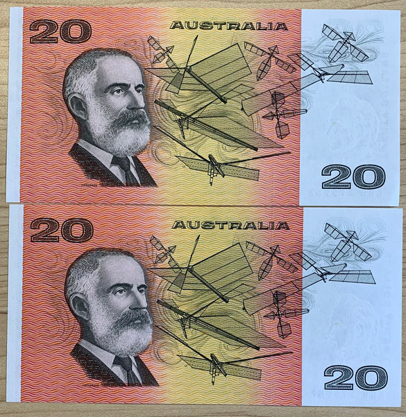 Australia $20 R409a OCRB Johnston Fraser Consecutive Pair Uncirculated Banknotes