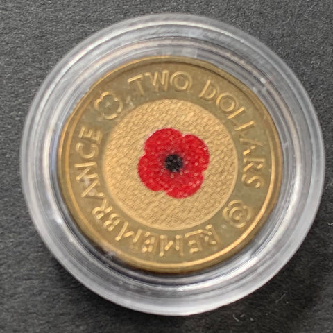 2012 Remembrance Day $2 'C' Mintmark Coloured Uncirculated Coin in capsule