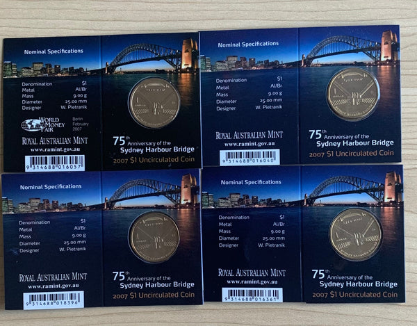 Australia 2007 Royal Australian Mint $1 Sydney Harbour Bridge Coins B, C, M, & S mintmarks in RAM folders