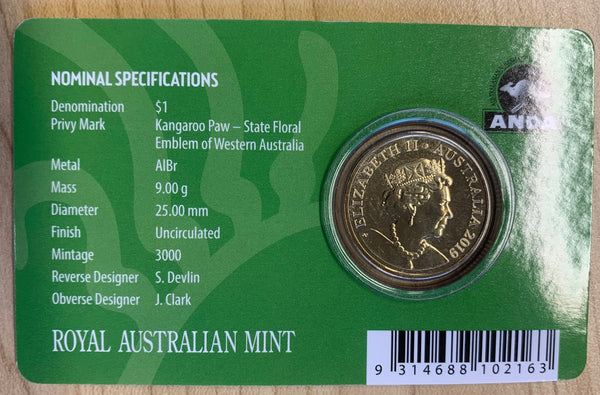 2019  Royal Australian Mint $1 Mob of Roos Perth ANDA Kangaroo Paw Privy Mark