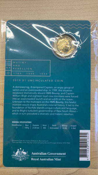 Australia 2019 Royal Australian Mint $1 Mutiny on the Bounty Carded Uncirculated Coin