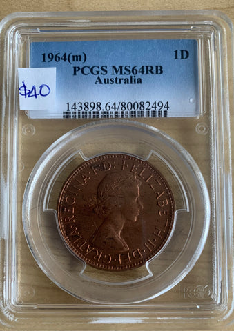 Australia 1964 Melbourne Penny 1d PCGS Graded MS64RB Slabbed Coin