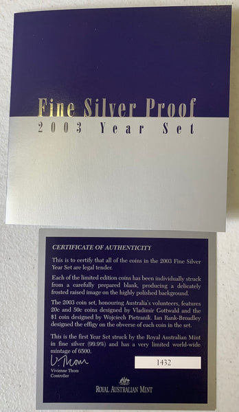 Australia 2003 Royal Australian Mint Fine Silver Proof Year Set of 6 Coins