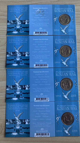 Australia 2003 Royal Australian Mint  $1 Korean War Uncirculated Coins B, C, M, & S mintmarks in RAM folders