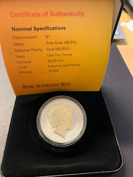 Australia 2007 Royal Australian Mint $1 Kangaroo Rolf Harris design Gold Plated Ounce Silver Proof