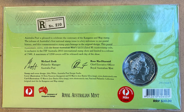 2013 50c Kangaroo and Map PNC Melbourne Cancel Melbourne World Stamp Show Limited Edition