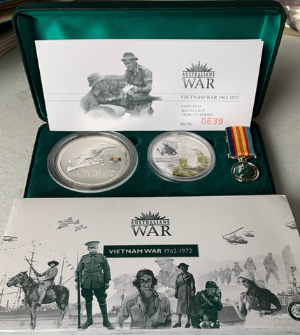 Australia 2003 Perth Mint Coloured $1 Vietnam War  2oz Coin & 1oz Medallion .999 Proof Silver