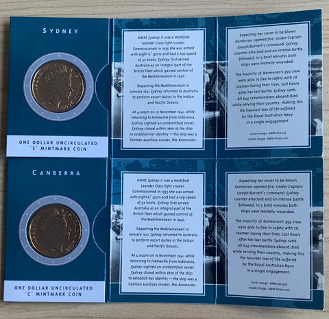Australia 2000 Royal Australian Mint $1 HMAS Sydney Uncirculated Coins C & S mintmarks in RAM folders