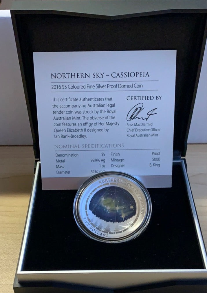 2016 Royal Australian Mint $5 Northern Sky Domed Cassiopeia 1oz 999 Silver Proof Coin
